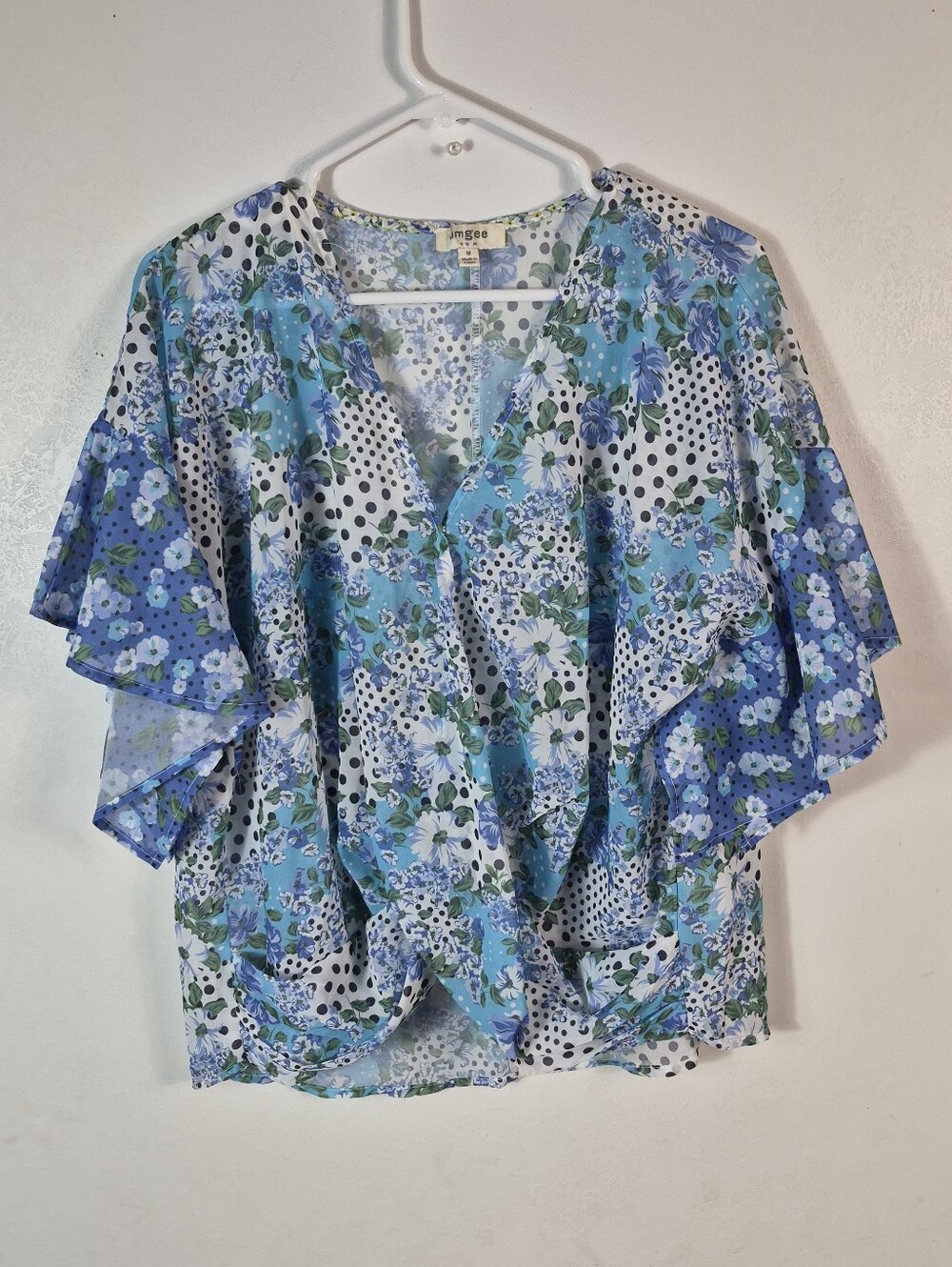 Umgee Women's Short Sleeve Blouse Polka Dot Floral Print Medium